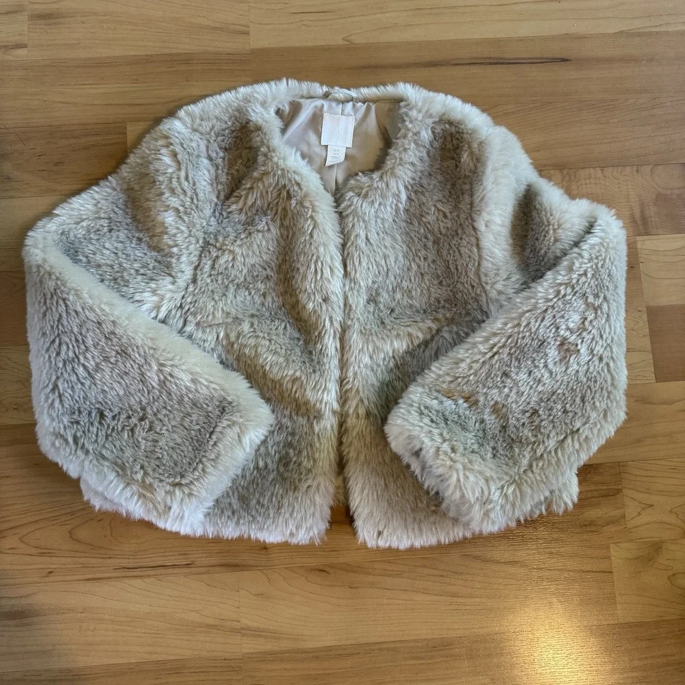 MOB WIFE Luxury Cream Faux Fur Cropped‎ Jacket Coat H&M Plush Shag Glam M